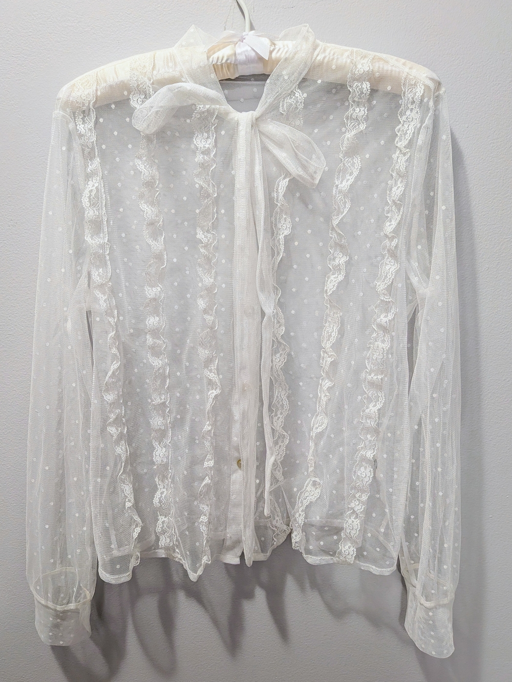 White Tulle Sheer Polka Dot Ruffle Blouse